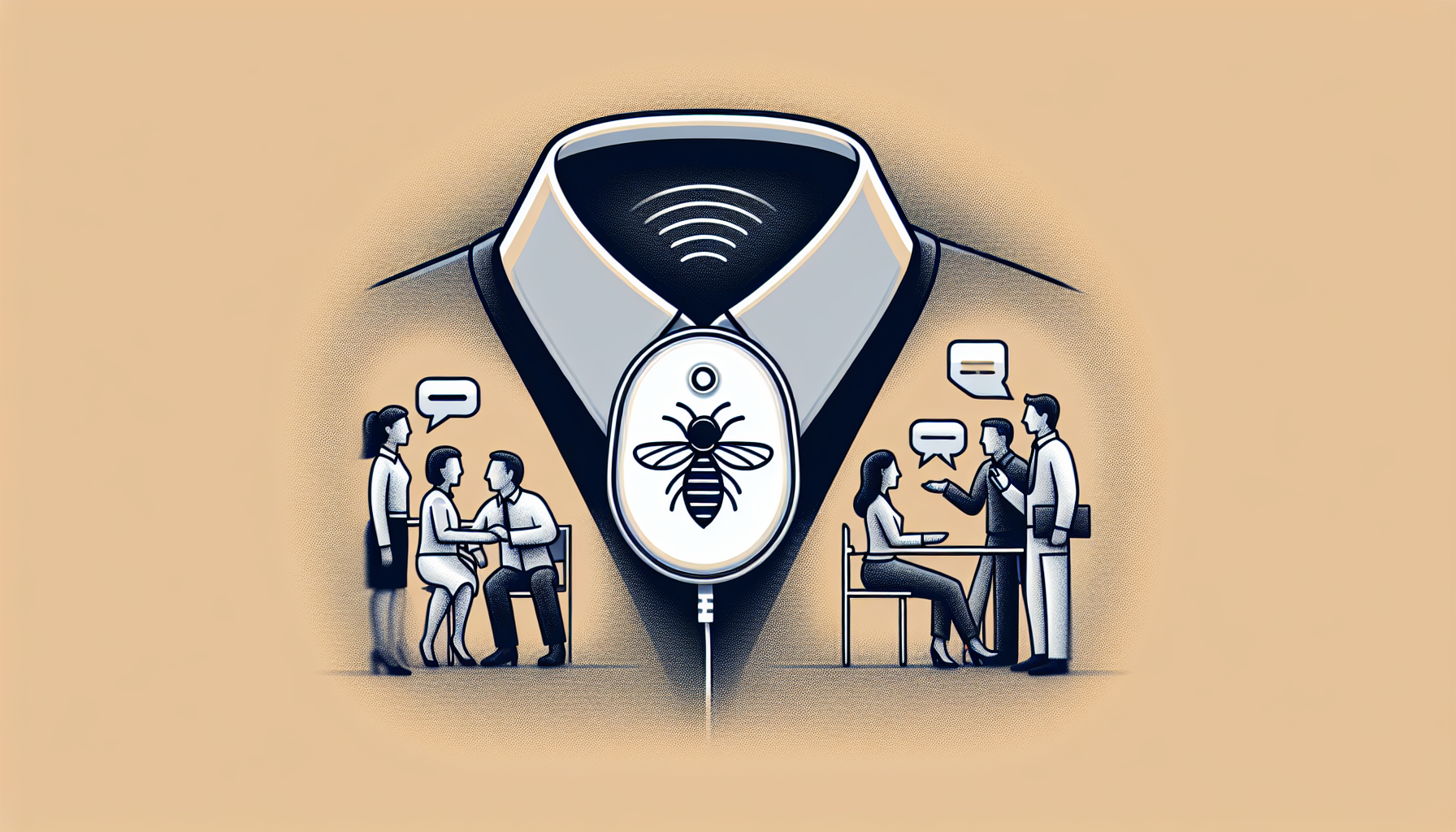 A small, minimalist Bee AI wearable device pinned to a shirt collar, with a subtle LED indicator light, shown against a backdrop of blurred daily life activities like conversations and meetings