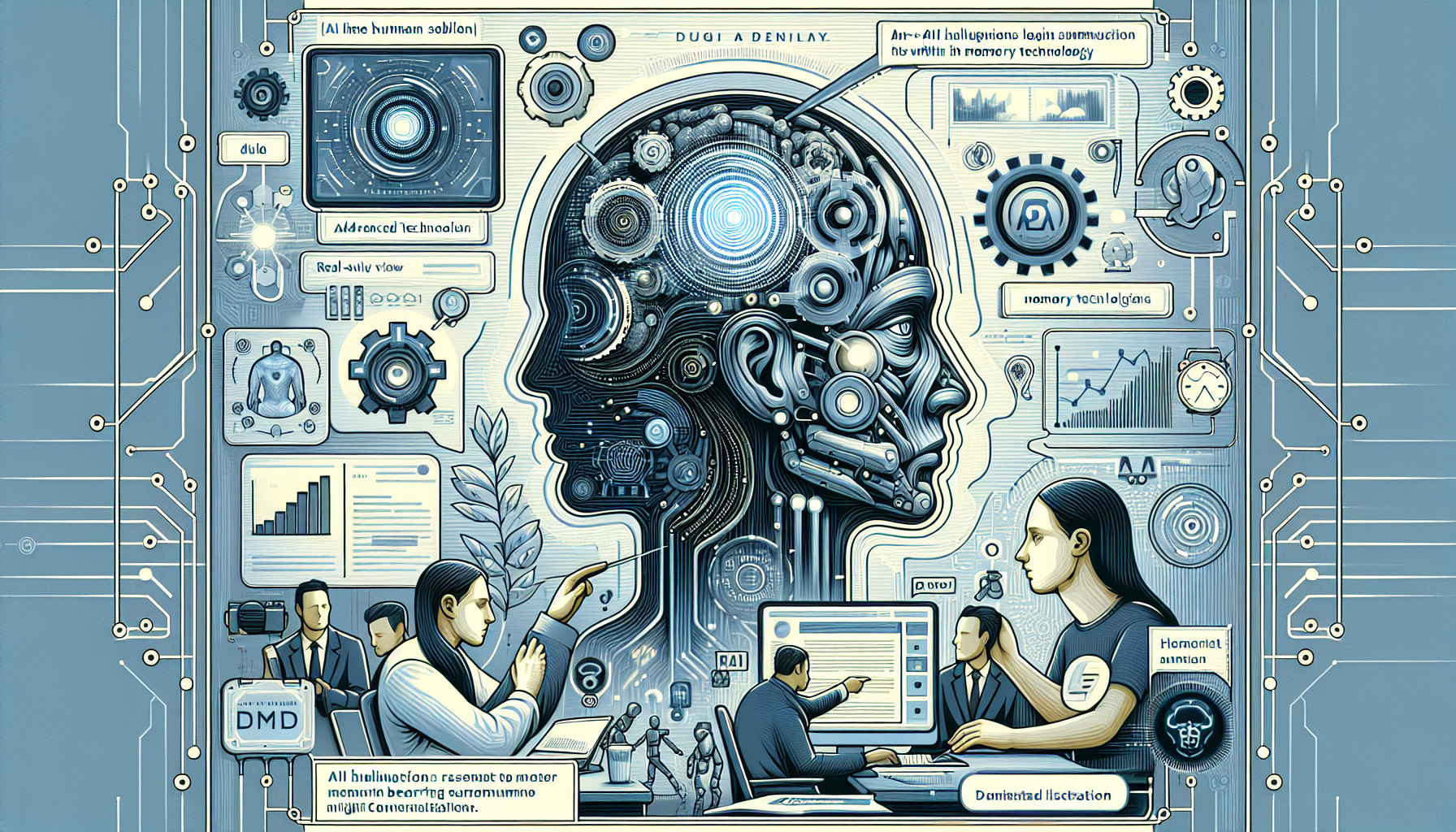 A split-screen digital interface showing a person's actual conversation on one side and an AI-generated summary with subtle differences on the other, highlighting the challenge of AI hallucinations in memory technology