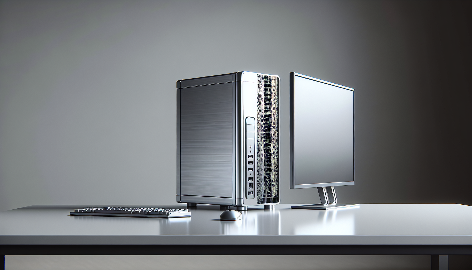 A photorealistic side view of the Apple Mac Studio M3 Ultra, showing its compact aluminum chassis with ports visible on the front and back, sitting on a minimalist desk next to a Studio Display against a neutral background