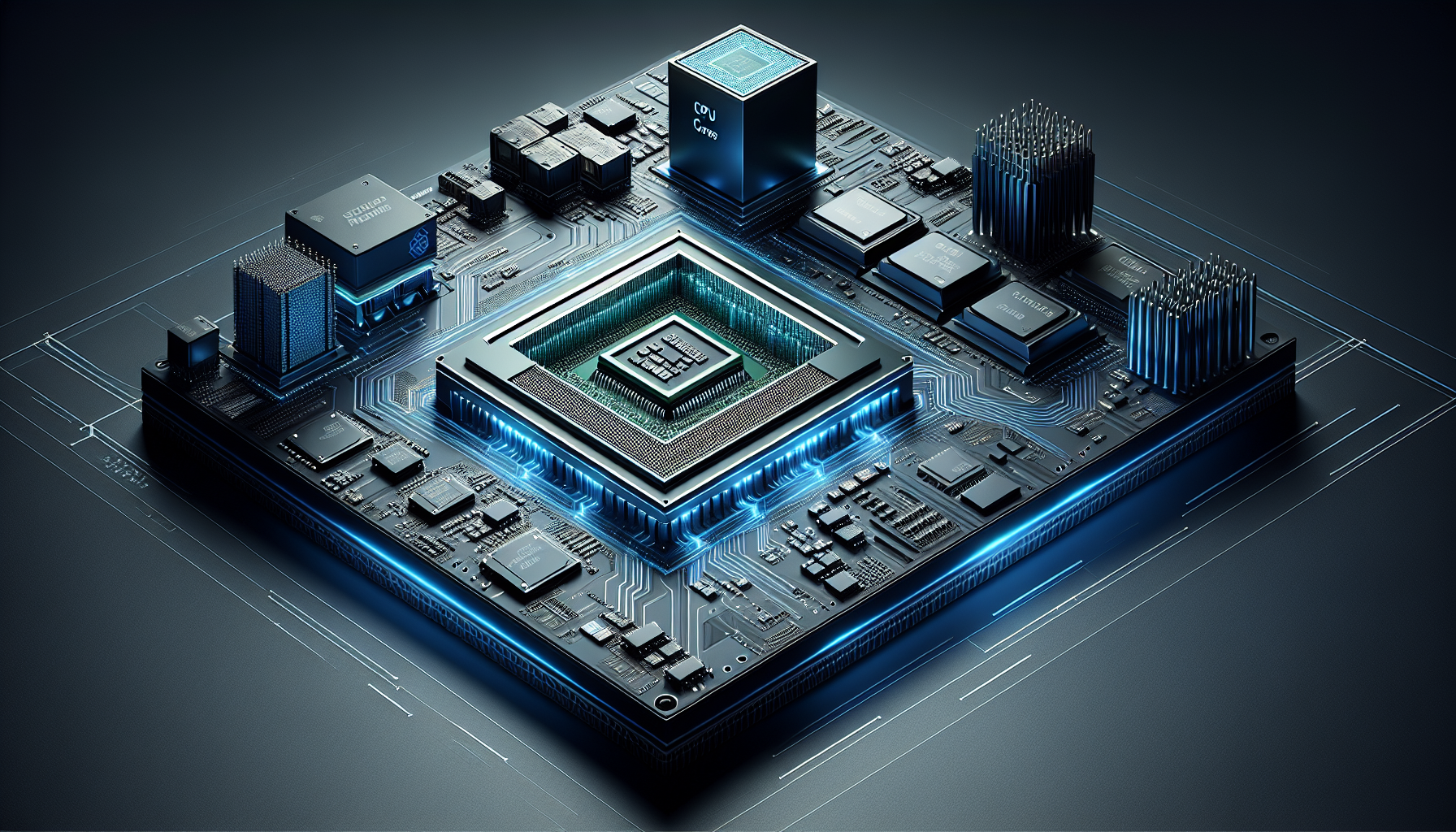 A detailed technical illustration showing the architecture of Apple's M3 Ultra chip with highlighted CPU and GPU cores, Neural Engine, and unified memory, with visual data flow representations against a dark background with blue accent lighting
