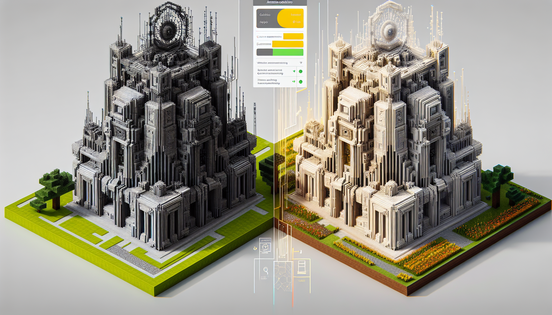 A split-screen comparison showing two distinct Minecraft structures side-by-side, with one built by an AI model featuring geometric precision and another with more organic, creative elements. A voting interface overlay is visible, indicating a human evaluation process in progress.