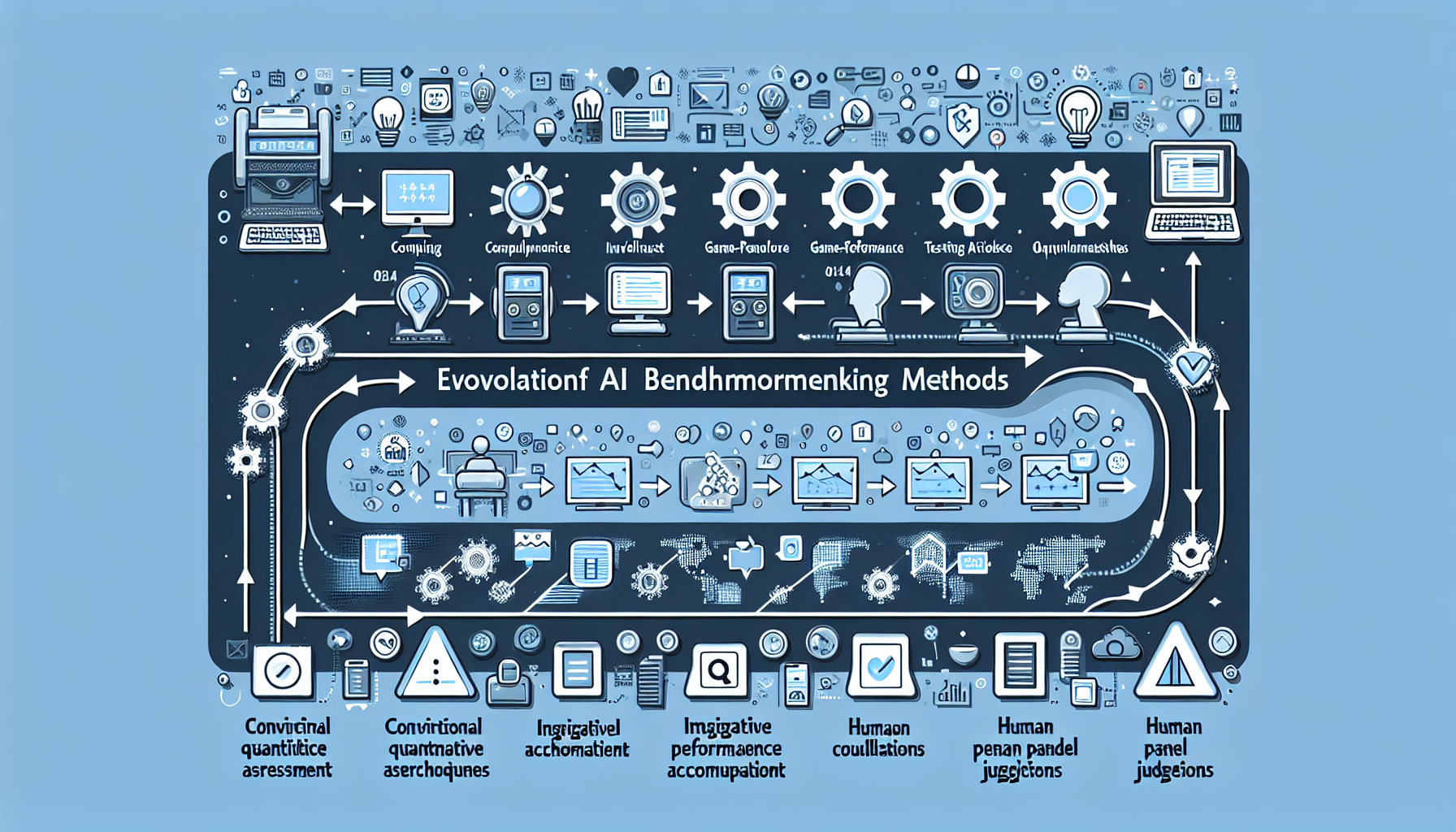 A conceptual diagram showing the evolution of AI benchmarking methods, from traditional quantitative metrics on the left to more creative evaluation approaches on the right, with icons representing various testing methodologies including games, creative tasks, and human judgment panels.