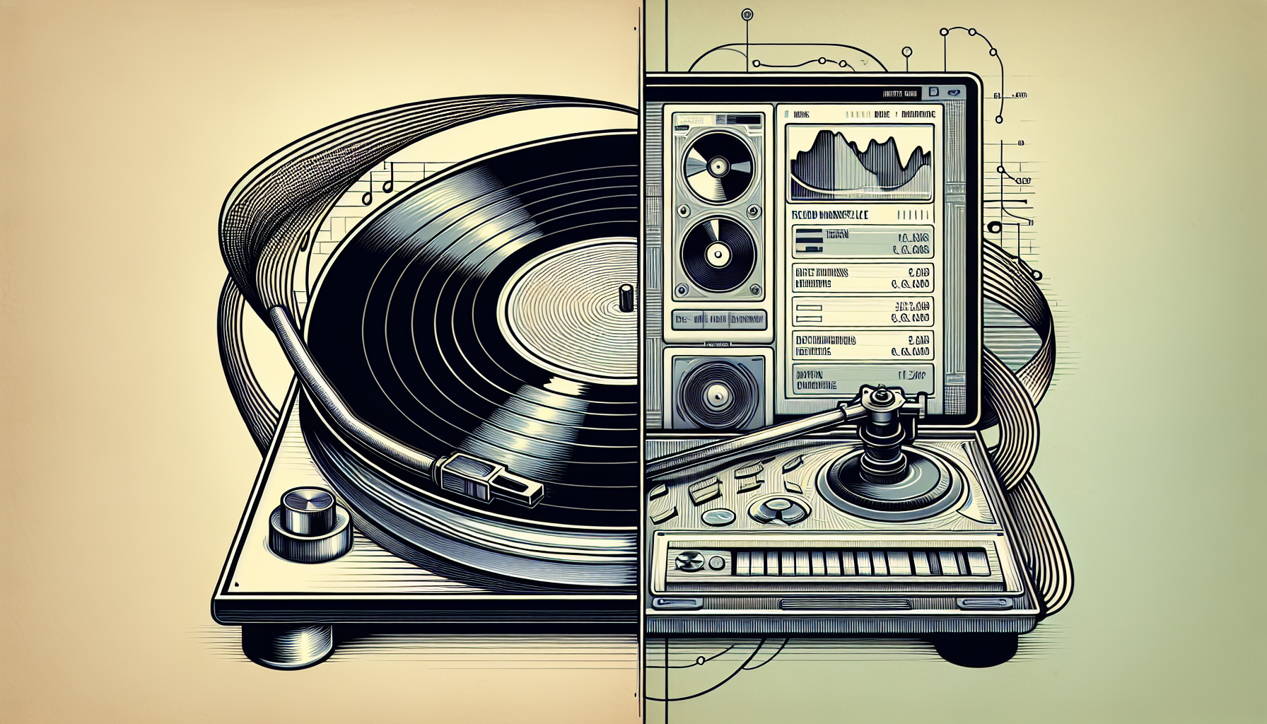 A split-screen visualization showing a vinyl record on a turntable on the left side and a digital interface of Discogs marketplace with detailed record information and pricing analytics on the right side, connected by flowing lines, symbolizing the bridge between analog and digital worlds