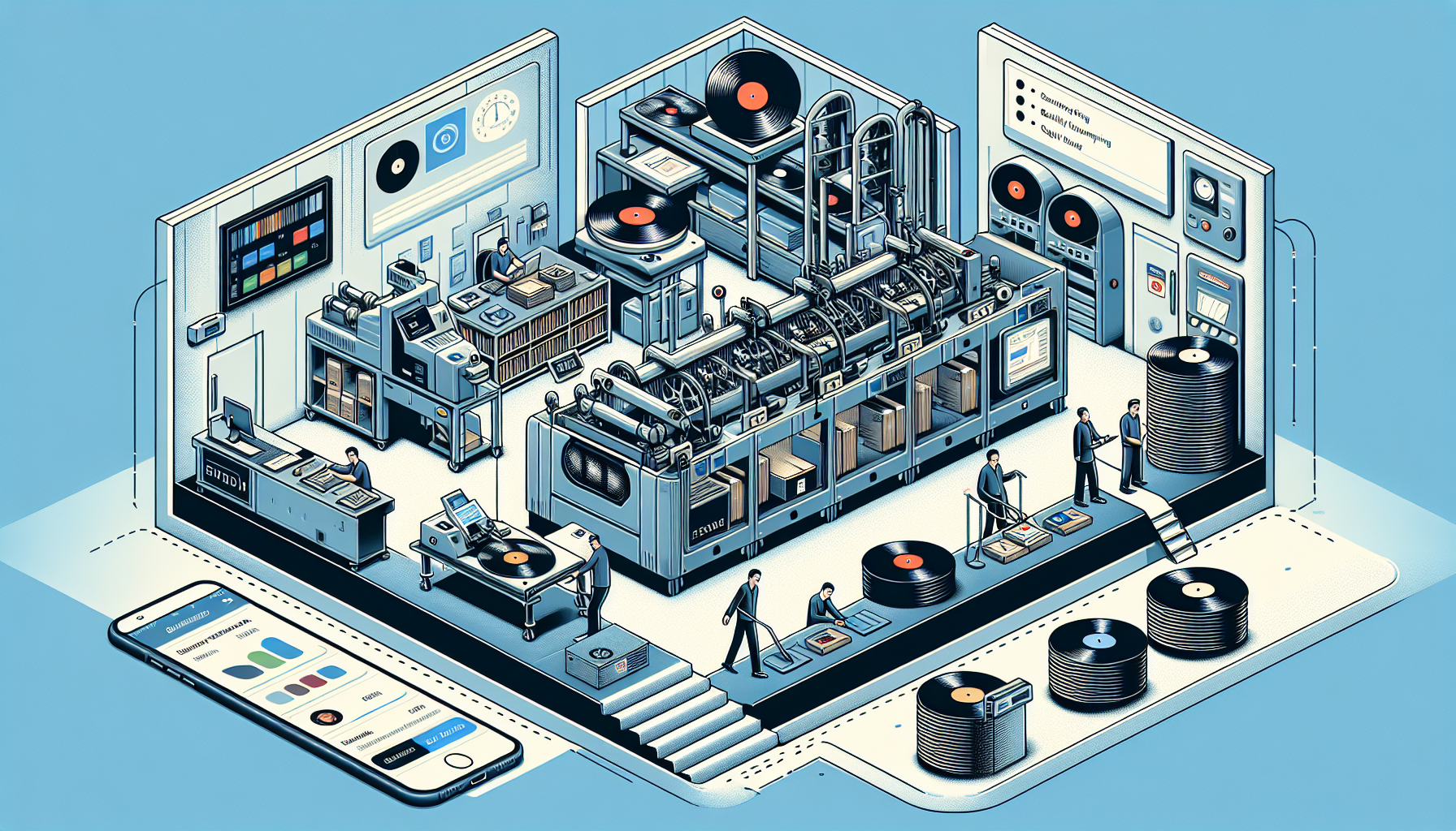 A detailed visualization of a modern vinyl record supply chain, showing a pressing plant with machines creating records, distribution centers with barcode scanning and quality control stations, and finally delivery to a collector's home with a mobile tracking app displayed on a smartphone near a record shelf