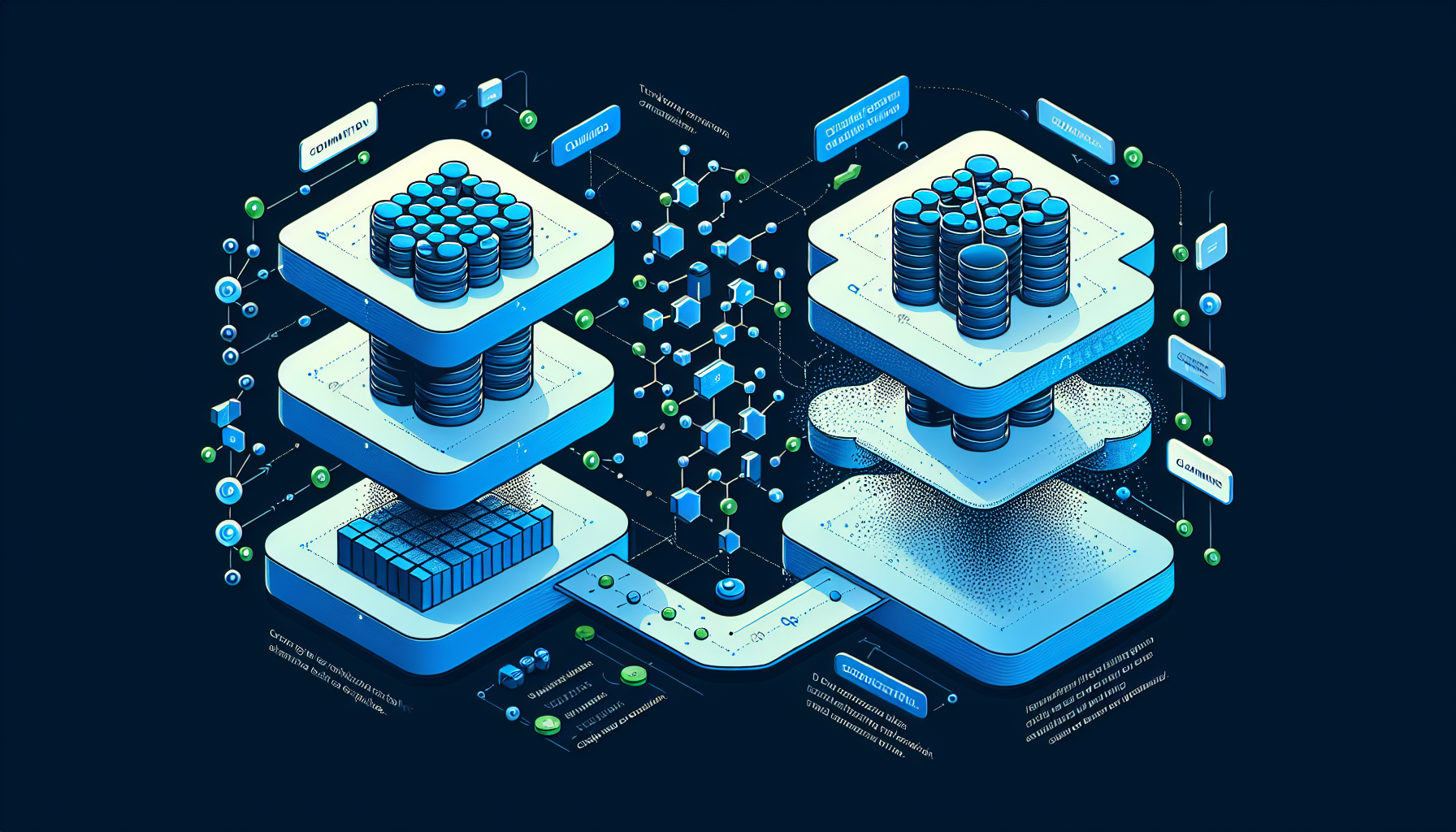 A conceptual illustration showing a traditional hash table structure with collisions represented by chains or clusters of items, versus a new optimized structure with fewer collision patterns, using a digital aesthetic with blue and green elements against a dark background