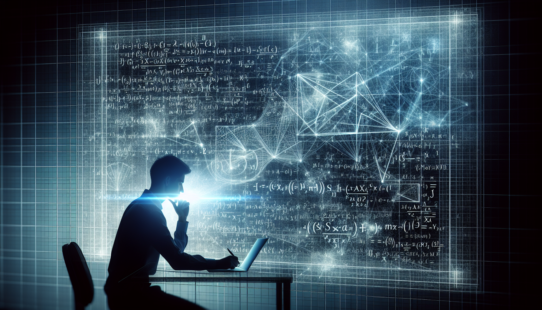 A metaphorical illustration of innovation in computer science: a young researcher looking at complex mathematical equations on a transparent board, with light breaking through previously solid barriers, symbolizing breakthrough thinking in algorithm design