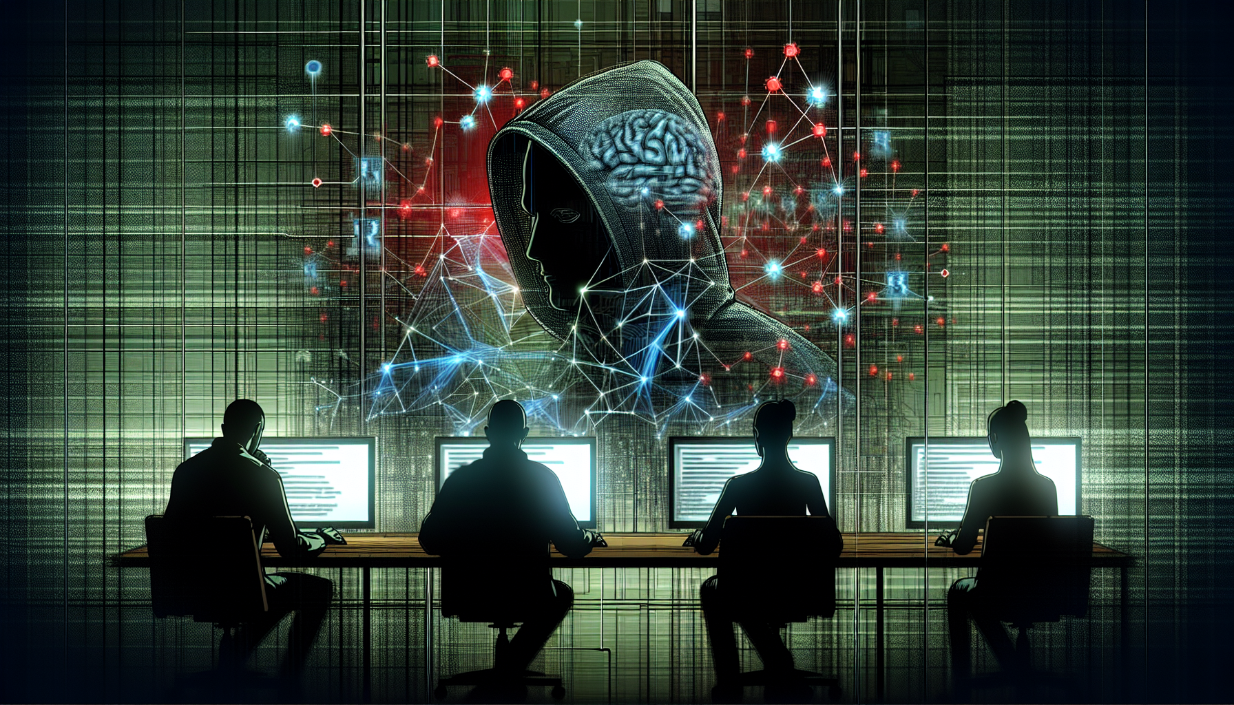 A digital illustration showing North Korean hackers working at computer terminals with AI neural network visualizations projected on screens, with a shadowy RGB logo in the background