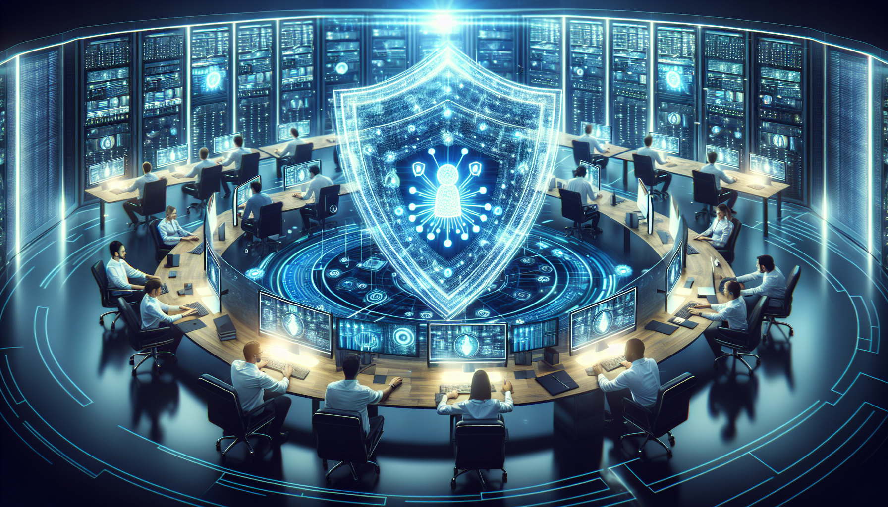 A conceptual illustration of cybersecurity defenses with AI protection shields blocking digital attacks, showing an advanced security operations center with analysts monitoring threats in real-time