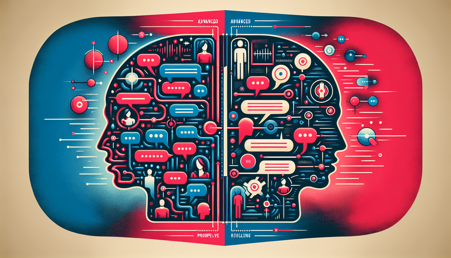 A split screen visualization showing two conversation flows: on the left, a disjointed AI conversation with interruptions and awkward timing represented by overlapping speech bubbles in red and blue; on the right, the improved natural conversation flow with properly spaced speech bubbles showing turn-taking between human and AI