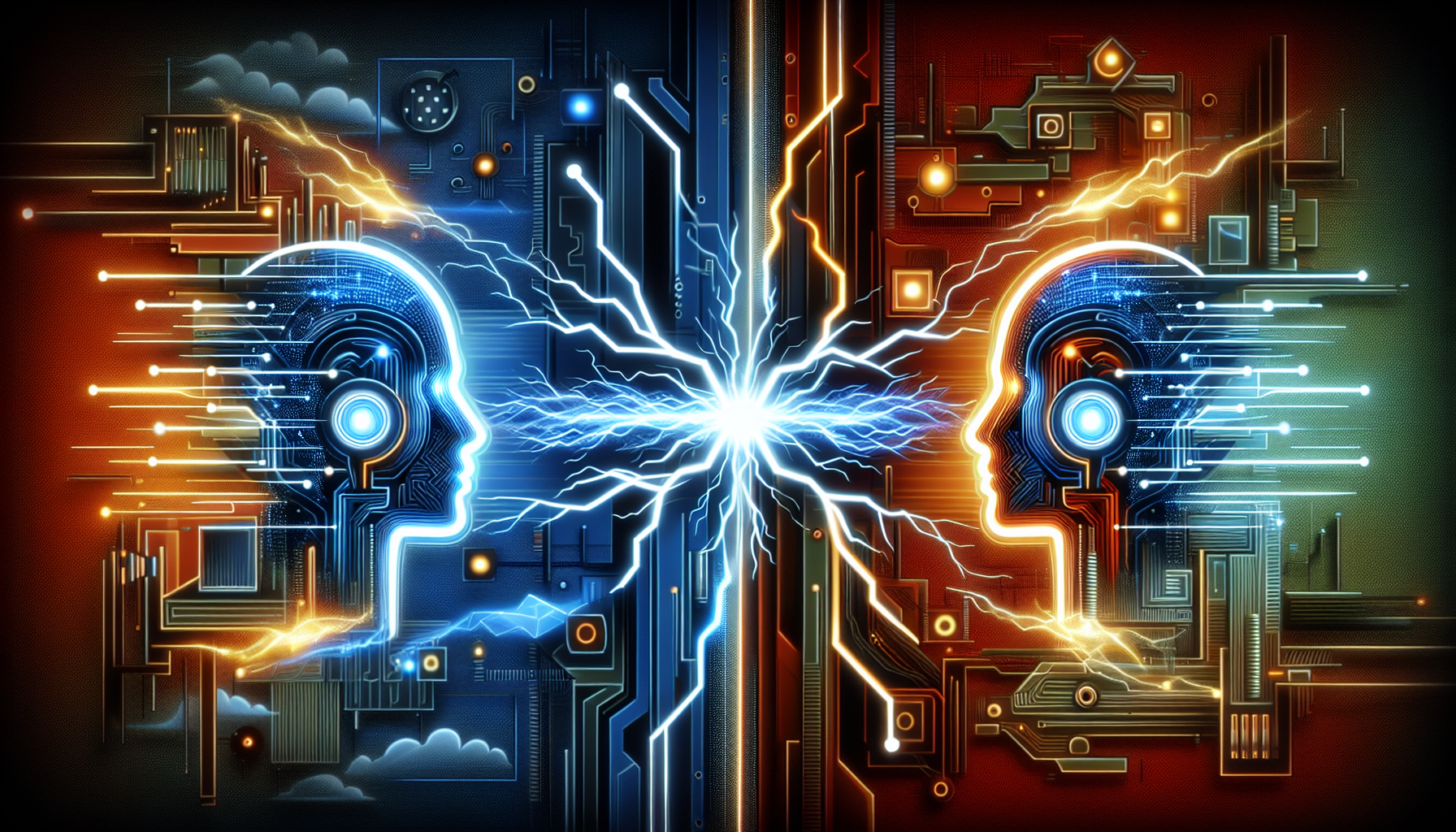 A split-screen digital illustration showing Google I/O and OpenAI io logos facing each other with sparks of electricity between them, symbolizing the growing rivalry between the two AI giants against a futuristic background
