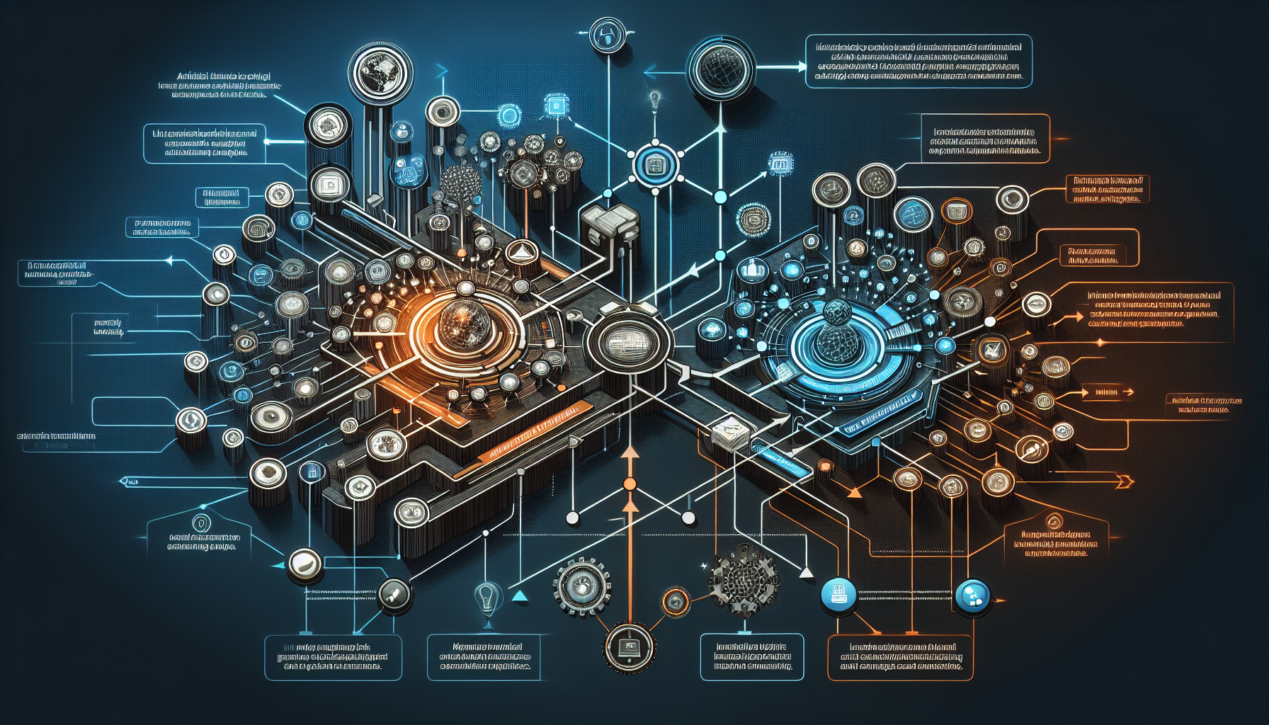 A detailed infographic showing the AI ecosystem with Google and OpenAI as central nodes, with arrows connecting to various technologies, startups, and applications that are influenced by their competition, using a modern tech-styled design with data visualization elements
