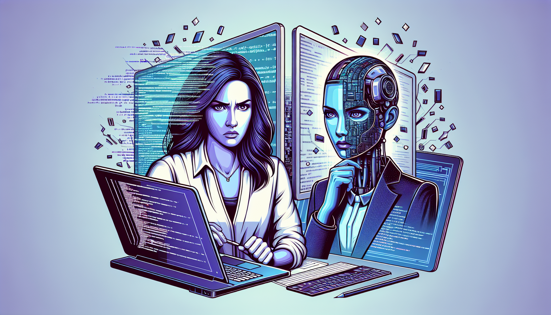A split-screen illustration showing a frustrated developer at a computer on one side and a digital representation of an AI assistant with a stern expression on the other, with code fragments floating between them, rendered in a modern tech aesthetic with blue and purple tones