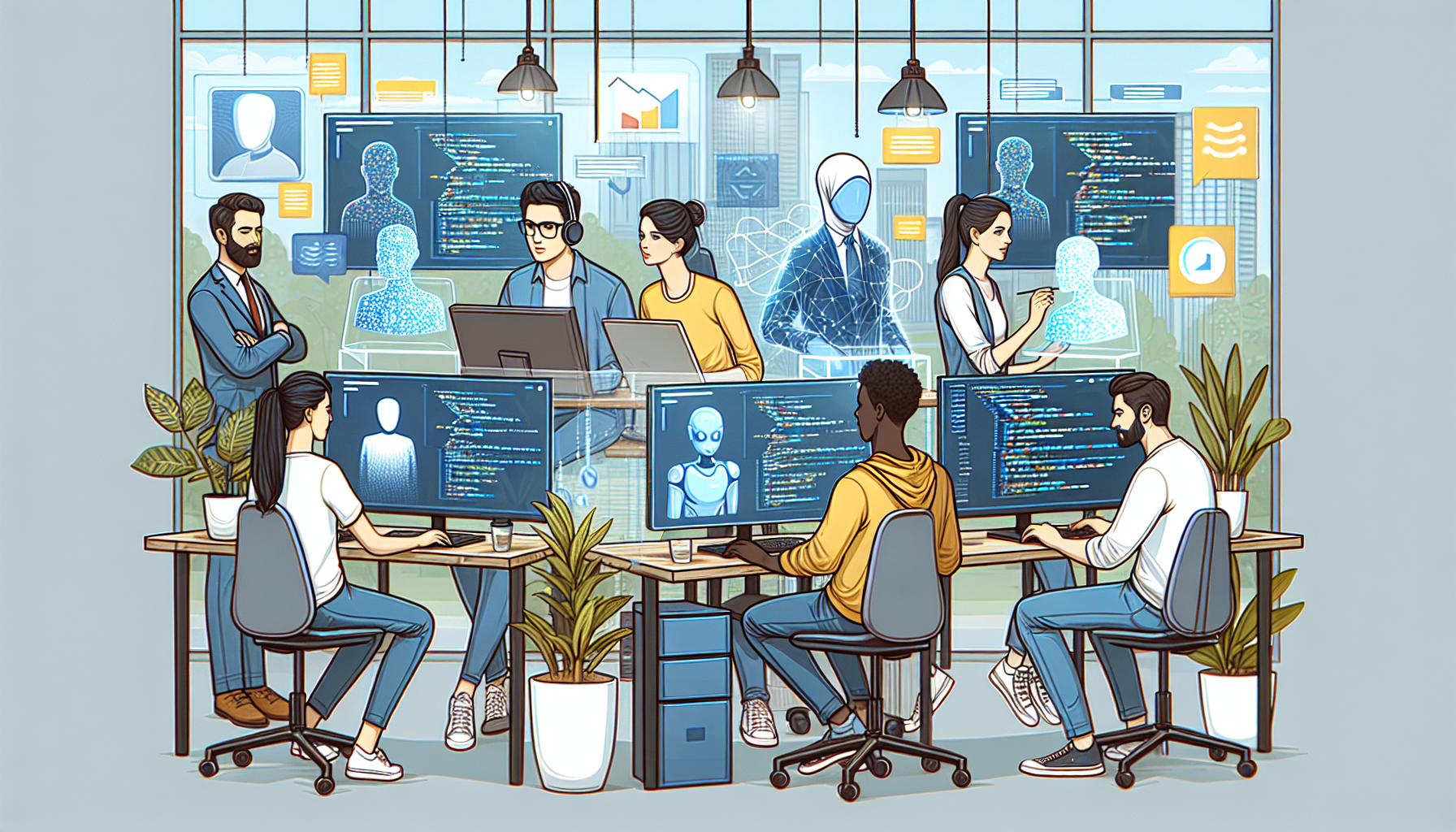 A professional illustration of a modern development team working in an office, with both human developers and digital AI assistants represented as equal collaborators around a shared workspace with multiple screens displaying code, conveying the future of human-AI coding collaboration