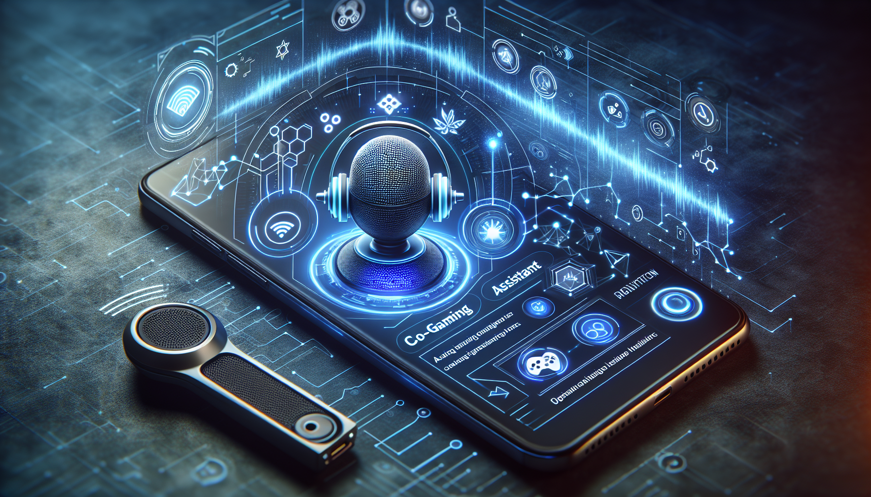 A sleek visualization of Xbox's Copilot for Gaming interface on a smartphone, showing a voice assistant responding to a gaming question with the Xbox logo, game elements, and AI visualization waves in a modern, digital style