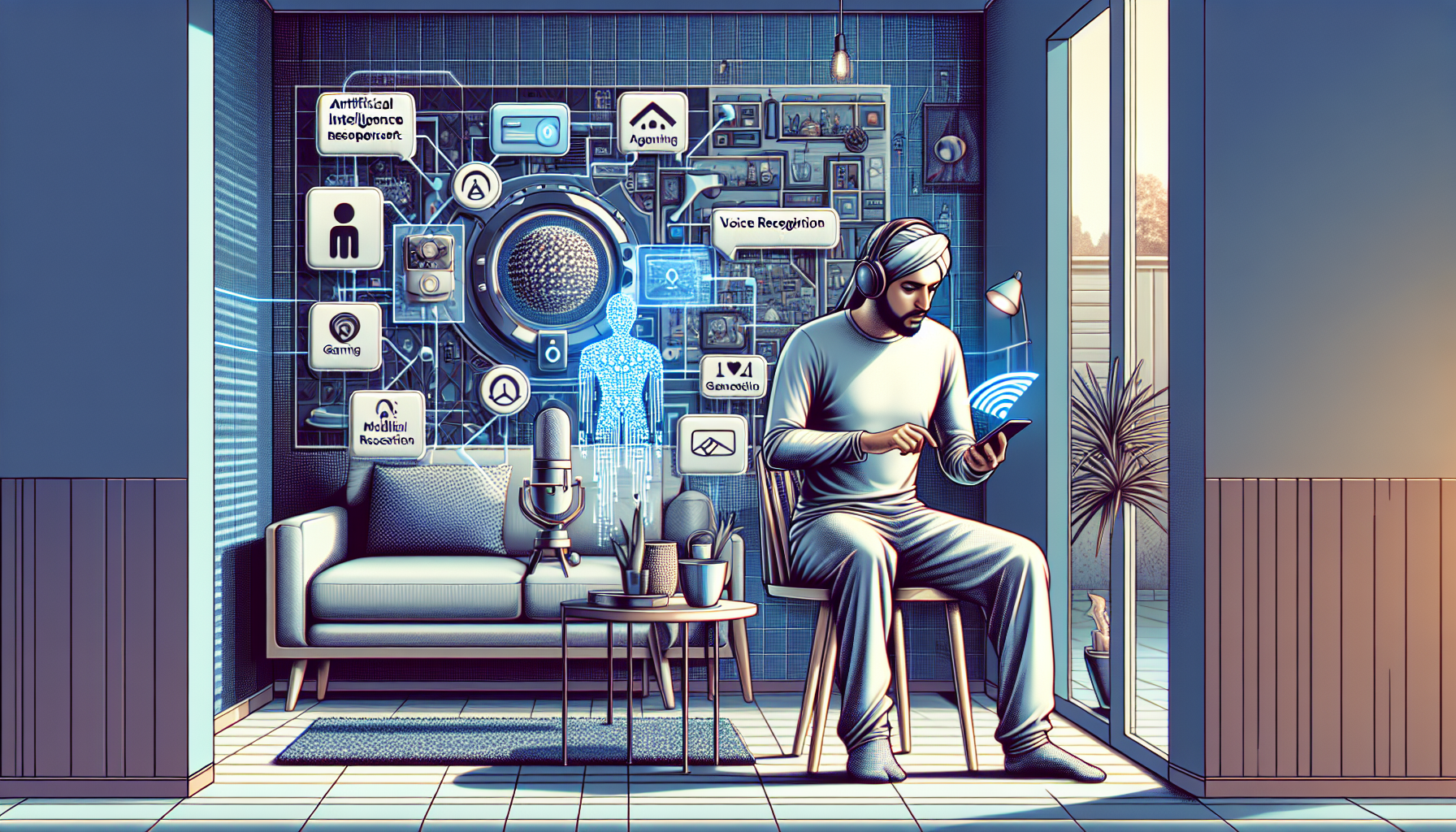 A person playing a game on a mobile device while speaking to the Xbox Copilot AI assistant, with visual elements showing voice recognition and AI responses appearing alongside the game interface in a modern home setting